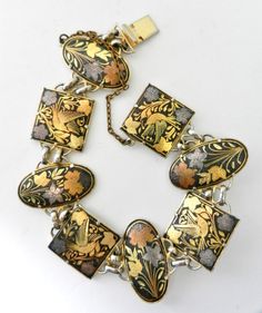 Vintage 1950  DAMASCENE Toledo Bird & Flower by RAKcreations Jewel Box, Gold Copper, Vintage Jewels, Flower Bracelet, Enamel Jewelry, Toledo, Chain Link Bracelet, Pretty Things, Antique Jewelry