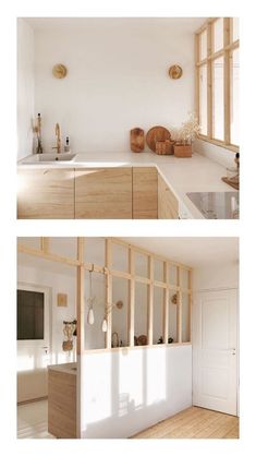 two pictures of the same kitchen in different rooms