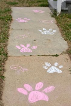 the sidewalk is decorated with pink and white dog paw prints on it's side