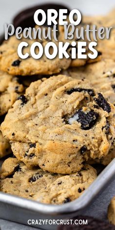 oreo peanut butter cookies in a metal pan with the title overlay above it