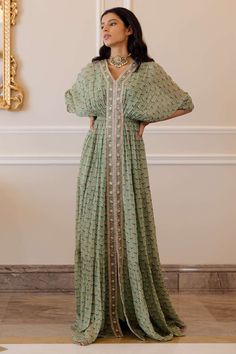 Green Kaftan, Printed Kaftan, Pista Green, 1950’s Fashion, Embroidered Midi Dress, Embroidered Skirt, Indian Fashion Designers, Red Skirts