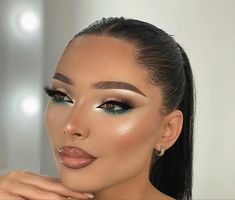 Emerald Prom Makeup Look, Makeup Looks To Go With Green Dress, Emerald Green Homecoming Makeup, Makeup For Green Dress Prom, Emerald Green Under Eye Makeup, Emerald Green Eye Makeup Prom, Prom Green Dress Makeup, Prom Makeup For A Green Dress, Dark Green And Silver Makeup