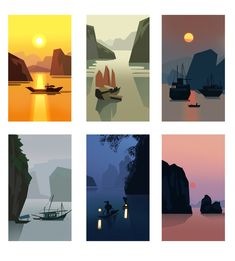 four different landscapes with boats on the water and mountains in the background at sunset or dawn