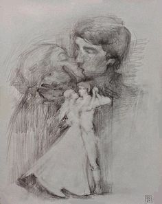 a drawing of a man kissing a woman