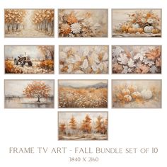 the frame tv art fall bundle set is shown in multiple sizes and features an autumn scene