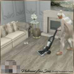 a woman is vacuuming the carpet in her living room