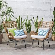 two wicker chairs sitting next to each other in front of potted plants