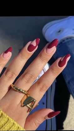 Dark Color Nail Designs Acrylic, Multi Coloured Nails Acrylic, Orange Stripe Nails, Minimal Nail Design Trends, Tiramisu Nails, Oxblood Nail Designs, Winery Nails, Half Painted Nails, Split Color Nails