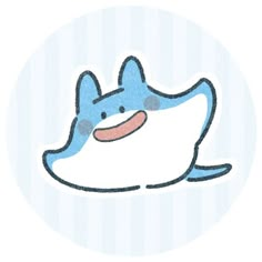 a blue and white cartoon character floating on top of a pillow with its mouth open