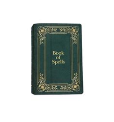 a green book with gold trimming and the words book of spells written on it