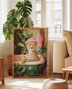 a painting of a cheetah in a bathtub with a pink hat on