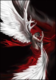 an artistic painting of a woman with white wings on red and black background by person