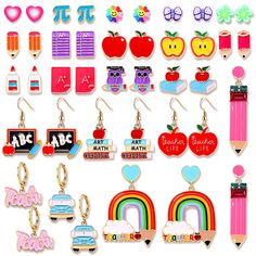 PRICES MAY VARY. ♥ Valued Teacher Earrings Set -- Show the love and appreciation to your teachers with this teacher earrings set, including 14 pairs of teacher stud earrings and 7 pairs of teacher dangle earrings, designed with school themed elements like pencil, book, blackboard, arch rainbow, school bus, etc. These funky pencil earrings are the perfect gift to our wonderful teachers and educators! And will definitely help your teacher stand out in the classroom and staffroom ♥ Funny Pencil Ear Pencil Earrings, Flowers To Go, Teacher Earrings, Abc Art, Teacher Birthday Gifts, Teacher Birthday, School Jewelry, Funky Earrings, Earrings Colorful