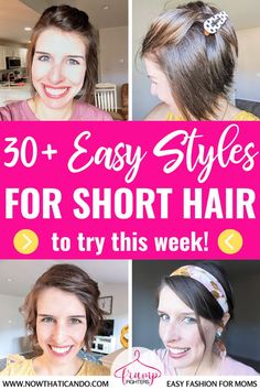 Don’t get bored of your short hair, but mix it up with one of these easy hairstyles for short hair you can do at home! With more than 30 video tutorials, a few bobby pins and 5 minutes, you can change your look. #hairstyle #shorthair #shorthairstyle #medium hair #howto #momlife Hairstyles For Short Bobs Ideas, Ways To Style Short Hair While Growing It Out, Short Hairstyles For Beginners, Short Hair Pin Back Styles, Short Hair With Bobby Pins Hairstyles, Short Hairstyles For Concert, Ways To Clip Short Hair, Short Hairstyles For Swimming, Short Hairstyle Women Elastics