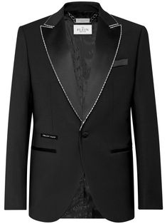 black virgin wool blend peak lapels shoulder pads long sleeves chest welt pocket two front welt pockets embroidered logo to the front American rear vent straight hem Blazer Black, Beaded Trim, Breasted Blazer, Philipp Plein, Black Blazers, Wool Blazer, Welt Pockets, Welt Pocket, Mens Suits