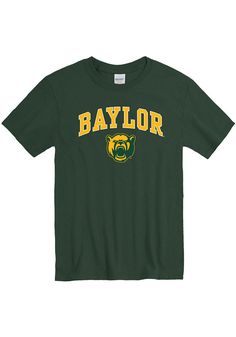 Show off your team pride in this Baylor Bears Green Arch Mascot Short Sleeve T Shirt! This Baylor Short Sleeve Tee features a screen print of Baylor with bear head logo on front chest. Make sure everyone knows you root for the Bears with this Green Baylor T Shirt. Go Bears! Classic Fit, Tubular construction, Taped neck and shoulders, Quarter-turned to eliminate center crease, Unisex, Fit: True to Size, 100% Cotton University Logo Short Sleeve Tops For Fans, University Logo T-shirt For Sports Season Fan Gear, University Logo Crew Neck T-shirt For Fan Gear, University Logo T-shirt With Crew Neck For Fan Gear, University Logo T-shirt For Fan Gear, Green T-shirt With Letter Print For Fans, Green Letter Print T-shirt For Fan Gear, Team-colored University Logo T-shirt, Green Top With Team Logo For Fan Gear