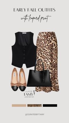 A black tailored vest paired with a leopard print midi skirt adds a touch of sophistication with a wild twist. Keep it simple with black accessories and classic ballet flats. SHOP THE LOOK ↑  #FallFashion #LeopardPrint #StyleInspo #CuratedByTamy #FallOutfits #TrendyStyle Black Work Skirt Outfit, Leopard Print Ballet Flats Outfit, Midi Leopard Skirt Outfit, Leopard Print Maxi Skirt Outfit, How To Wear A Vest Women, Printed Maxi Skirt Outfit, Leopard Midi Skirt Outfit, Leopard Print Skirt Outfit, Print Skirt Outfit