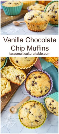 Vanilla Chocolate Chip Muffins next to a wooden spoon with vanilla sugar. Vanilla Chocolate Chunk Muffins, Mini Chocolate Chip Muffins, Sweet Muffins, Vanilla Bean Paste, Chocolate Chip Muffin Recipe, Vanilla Recipes, Oat Muffins, Sweet Muffin, Yogurt Bowl