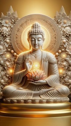 a buddha statue sitting in front of a golden frame with lights coming out of it