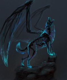 a drawing of a winged creature standing on top of a rock in the dark night