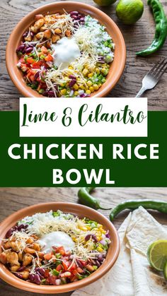 chicken rice bowl with limes and cilantro on the side, topped with sour cream