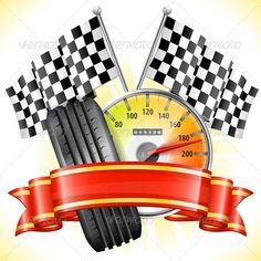 a speedometer with checkered flags and ribbon