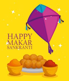 happy makar sanki greeting card with colorful kite and bowl of food on yellow background