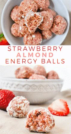 strawberry almond energy balls in a white bowl with strawberries on the side and text overlay