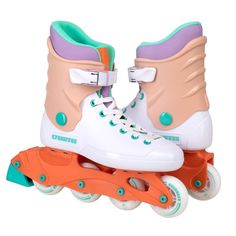 two roller skates with colorful wheels on a white background