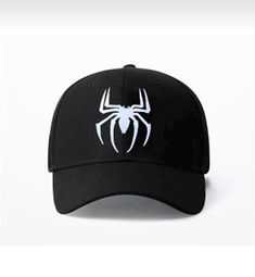 a black spiderman hat with white logo on the front and back side, against a white background