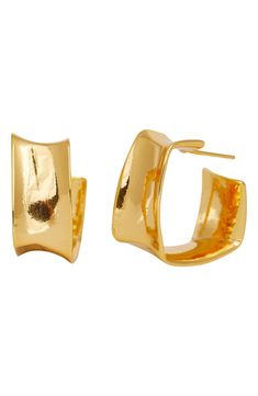 An angular hoop shape enhances the modern vibe of these petite earrings in polished goldtone plate. 3/4" hoop diameter; 3/8" width Goldtone plate Imported Modern Hammered Hoop Earrings For Formal Occasions, Modern Hammered Hoop Earrings For Formal Events, Modern Gold-tone Huggie Earrings, Modern Gold Hammered Hoop Earrings, Modern Gold-tone Brass Huggie Earrings, Modern Brass Huggie Earrings, Modern Plated Brass Hoop Earrings, Modern Brass Plated Hoop Earrings, Chic Gold Hammered Hoop Earrings