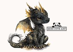 a black and gold dragon sitting on top of a white background with the words mini cute art written below it