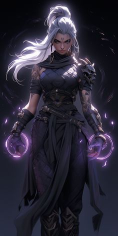 an image of a woman with white hair wearing armor and holding her hands on her hips