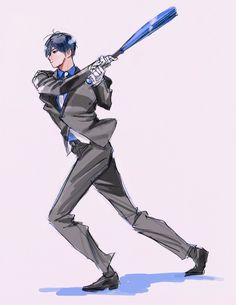 a drawing of a man holding a baseball bat in one hand and wearing a suit on the other