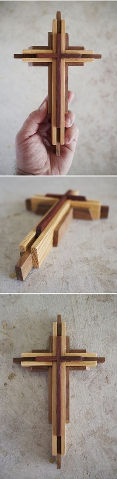 three different views of wooden crosses being held together