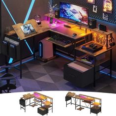 two computer desks with computers on them in front of a large screen and neon lights