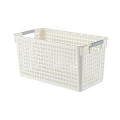 a white plastic basket with holes on the sides and handles, in front of a white background