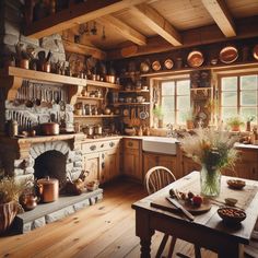 a rustic kitchen with wooden floors and walls