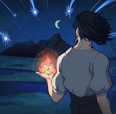 a woman holding a lit candle in her hand with mountains and stars in the background