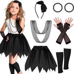 PRICES MAY VARY. Meet Your Needs: the package includes 10 pieces of 1980s costumes for kids, namely, a headband, 2 bracelets, a neon tutu, 4 necklaces, a pair of fishnet gloves and a pair of neon leg warmers; This black color can give your kids a complete 1980s disco party look and can help your kids become the focus of others Various Applications: these 80s costumes are suitable for Halloween parties, 80s themed parties, dress up parties, dance performances, throwback parties, birthday parties, Masquerade Girl, 1980s Theme, 80s Costumes, Neon Tutu, 1980s Outfits, Kid Costumes, 1980s Costume, Throwback Party, Fishnet Gloves