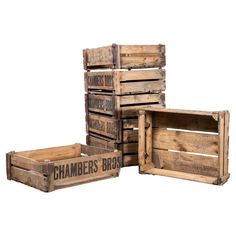 three wooden crates stacked on top of each other with the words chamberers bros printed on them