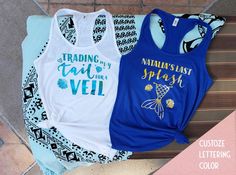 three tank tops that say, trading fairy dust and spell with gold lettering on them