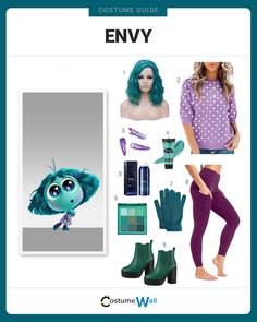 the costume guide for disney's monsters is shown in blue and purple, with green hair