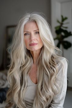 44+ Long Hairstyle Ideas For Women Over 60 Long Grey Hairstyles For Women Over 50, Long White Hair Over 60, Blond To Grey Hair, Long Gray Hairstyles For Women Over 50, Long Blonde Hair Styles For Women Over 50, Long Blonde Hair Over 50, Long Hair Styles For Older Women Over 60, Going Gray Hairstyles, Hair For Women Over 60 Aging Gracefully