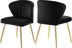 pair of black velvet chairs with gold metal legs and backrests, side view