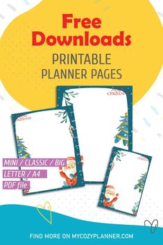 the printable planner pages for kids with santa claus and pine trees on them, are shown