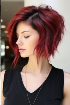 Shadow Roots Hair Brunette To Red, Red Hair Gray Highlights, Red Shaggy Bob, Red Hair With Money Piece Highlights, Red Hair Color Short, Bob Hairstyles Color, Dark Red Pixie Haircut, Bob With Money Piece, Red Bob Hairstyles