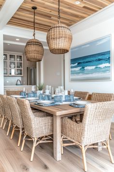 the dining room table is set with blue plates and place settings for eight people to eat