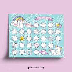 a unicorn themed reward board on a pink and blue background with white polka dot circles