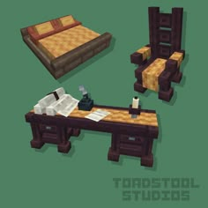 three pieces of furniture made out of wood and paper on a green background, including a bed